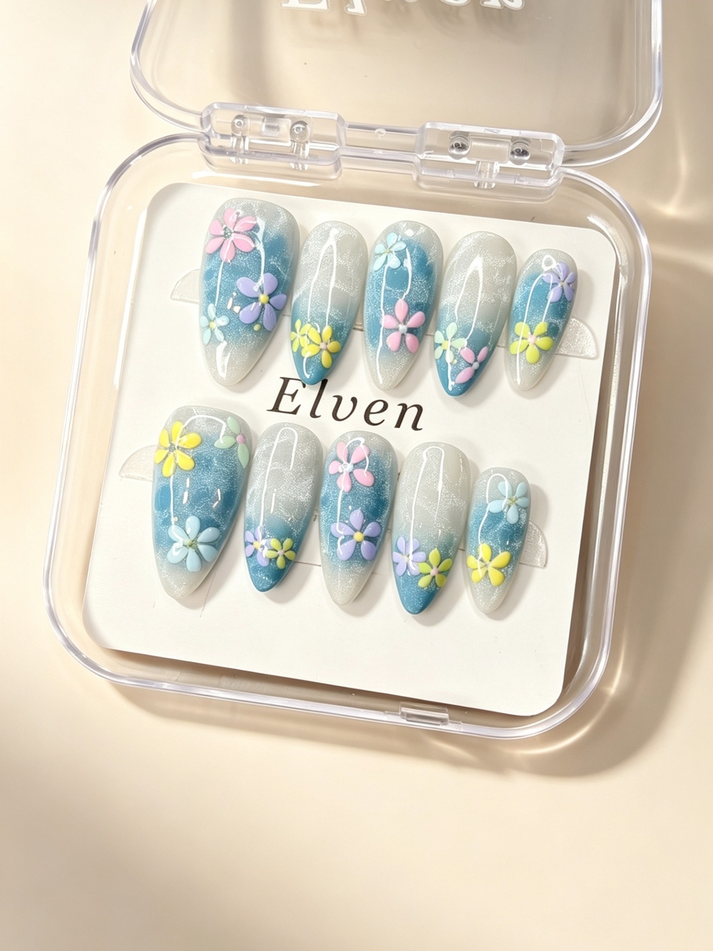 Blue Water Ripple Cat Eye Ombre Press On Nails With 3D Flowers Medium Almond